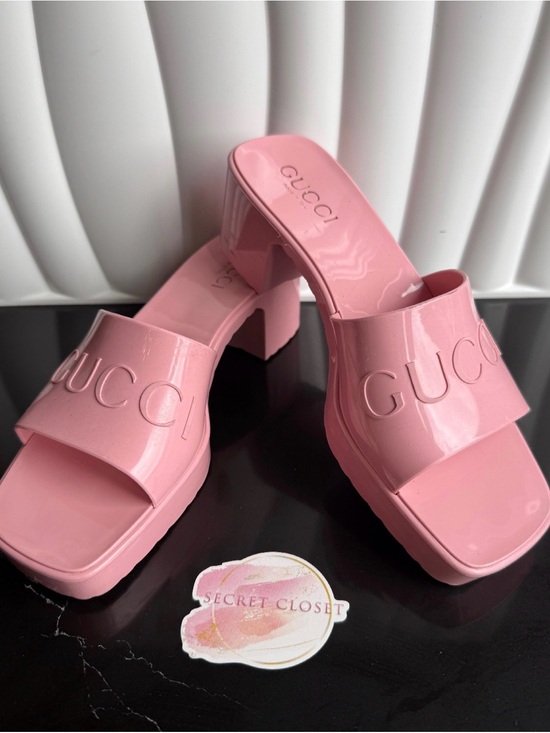 Gucci Shoes - Gucci Pink Patent Logo Block Heel Mules